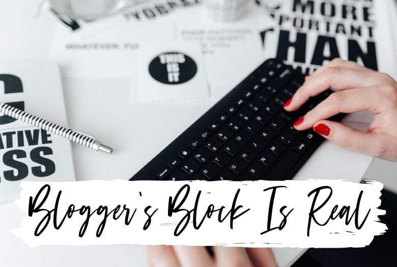 A woman's hands on a keyboard and Blogger's block is real text over the image. 