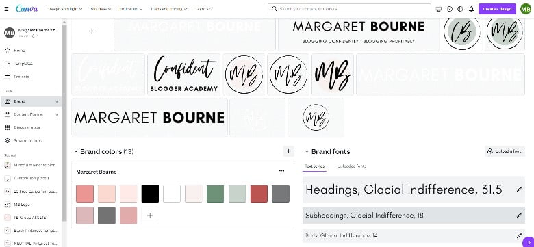 Blog branding guide - an example of the brand kit in Canva.