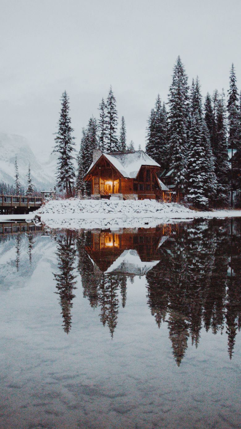 Winter wallpapers for iPhones Winter Lake Reflection Of A Cottage