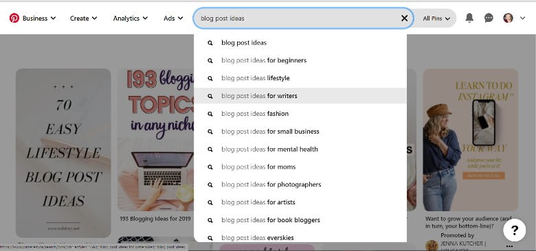 Pinterest search bar results - how to find Pinterest keywords. 