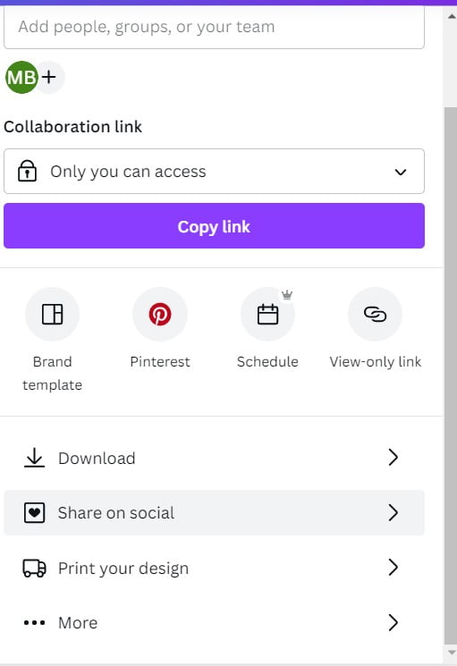 Screenshot of Canva Share button options - how to create and sell digital products. 