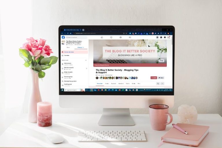 Desktop with a Facebook group page - how to start a Facebook group.