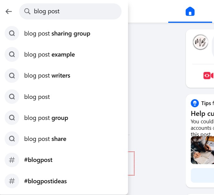 Example of keywords in Facebook in a blog post on how to create evergreen content. 