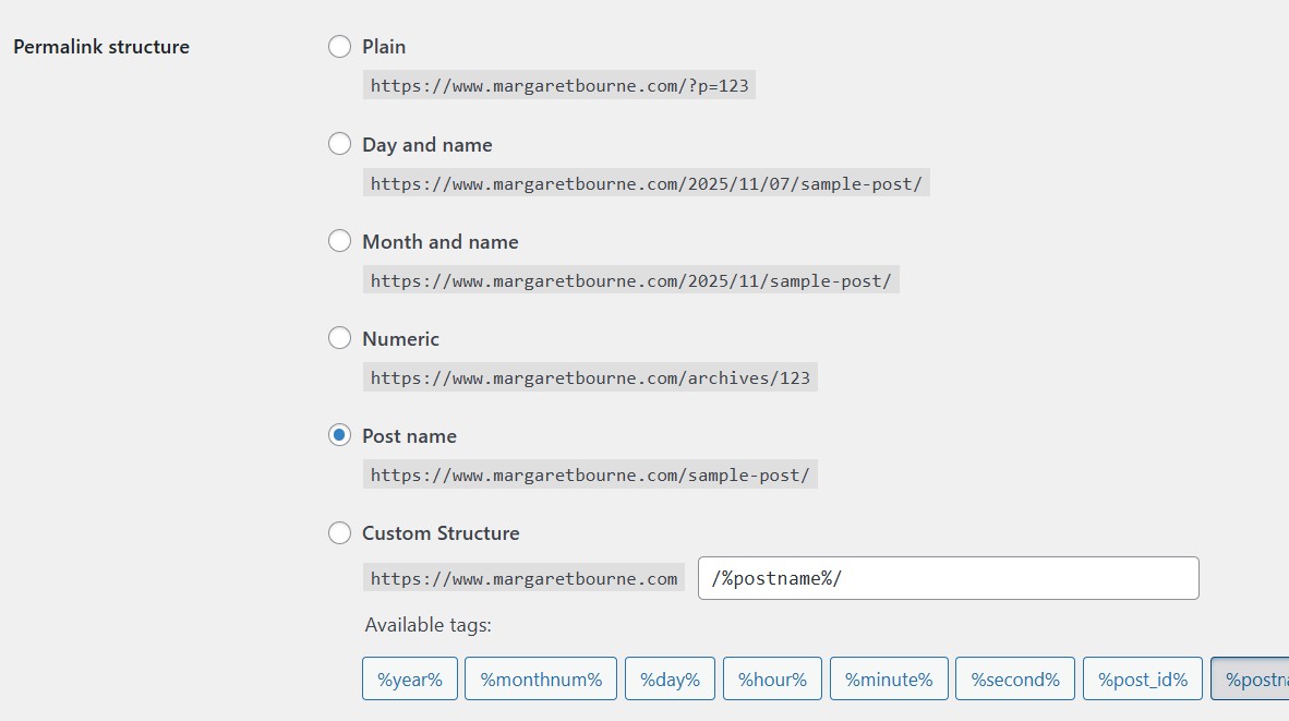 Screenshot of how to set up your permalink structure - how to set up WordPress for beginner bloggers. 