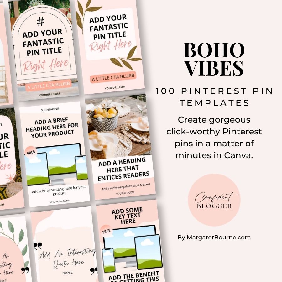 100 Boho Pinterest Pin Templates for Canva 1 Boho Vibes Pinterest Pin Template Pack from Margaret Bourne.